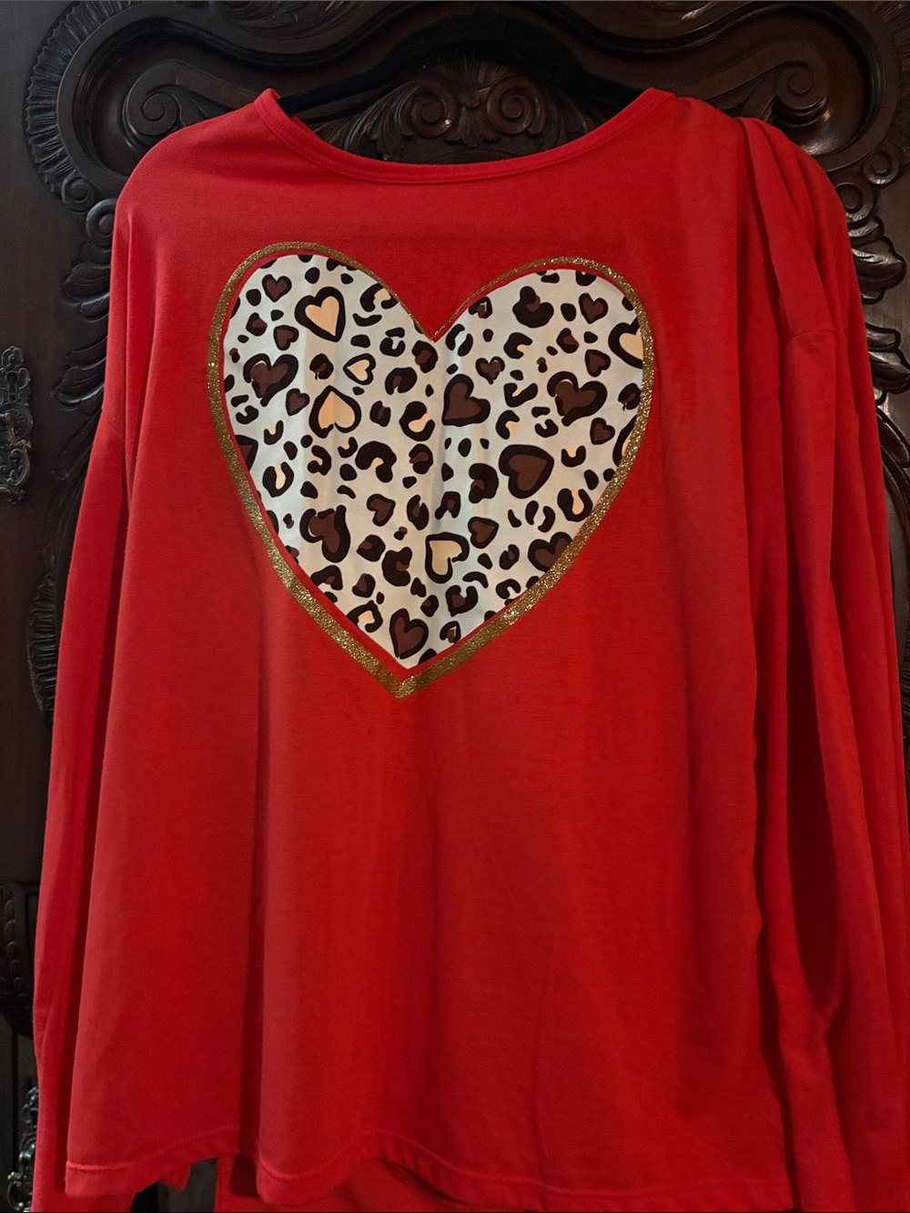 Red Long Sleeve Top with Leopard Heart Accent